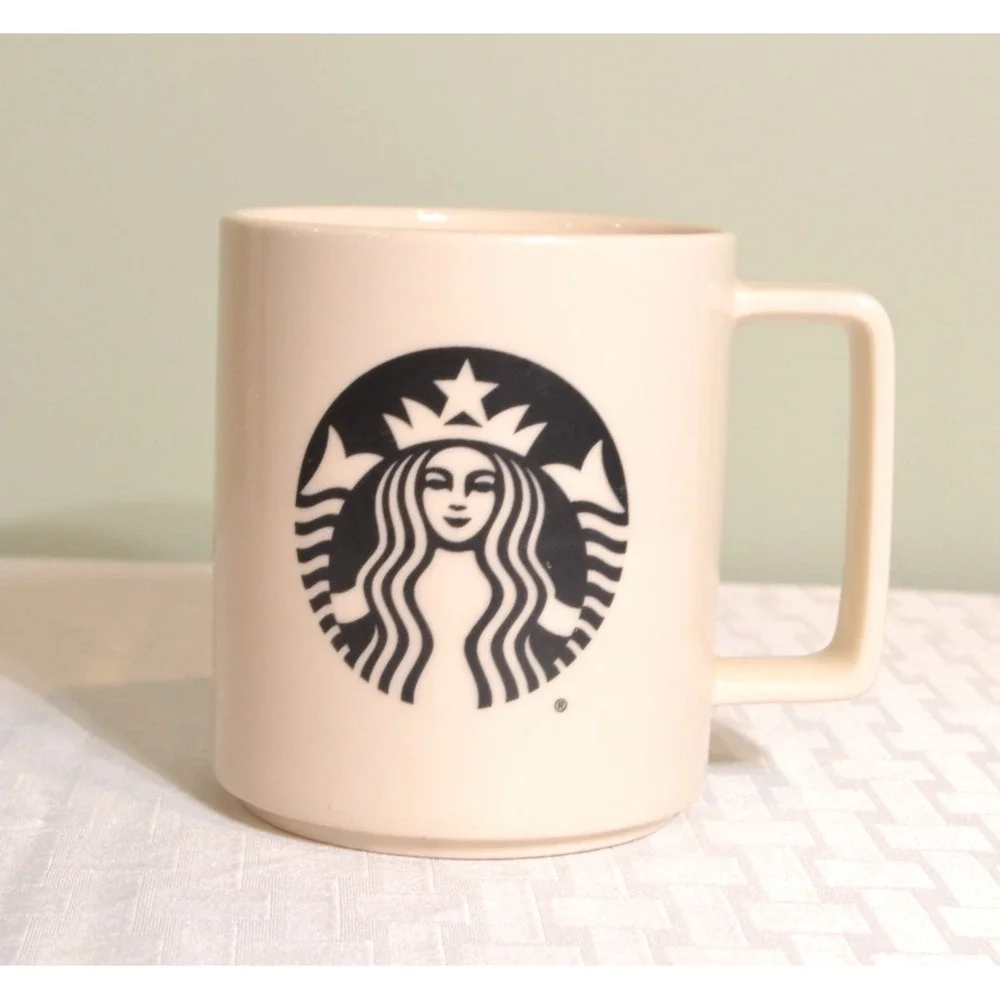 2015 Starbucks 14oz Ivory Ceramic Mug, Black Siren logo, Square Handle, USA